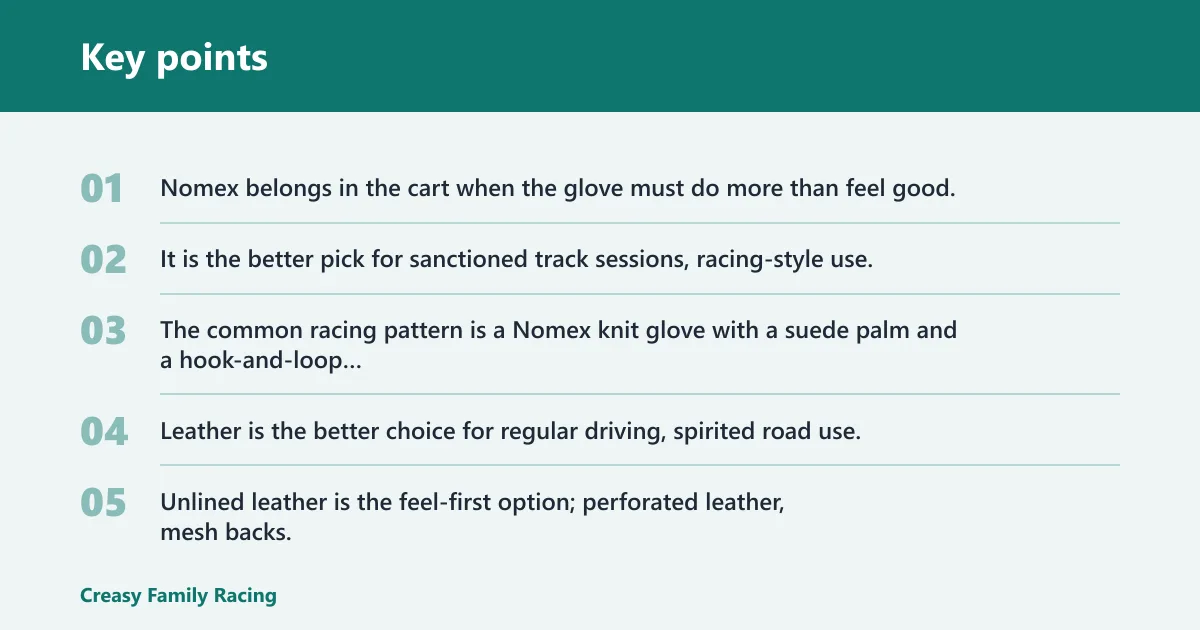 Key points: Choose Nomex if… / Choose leather driving gloves if…